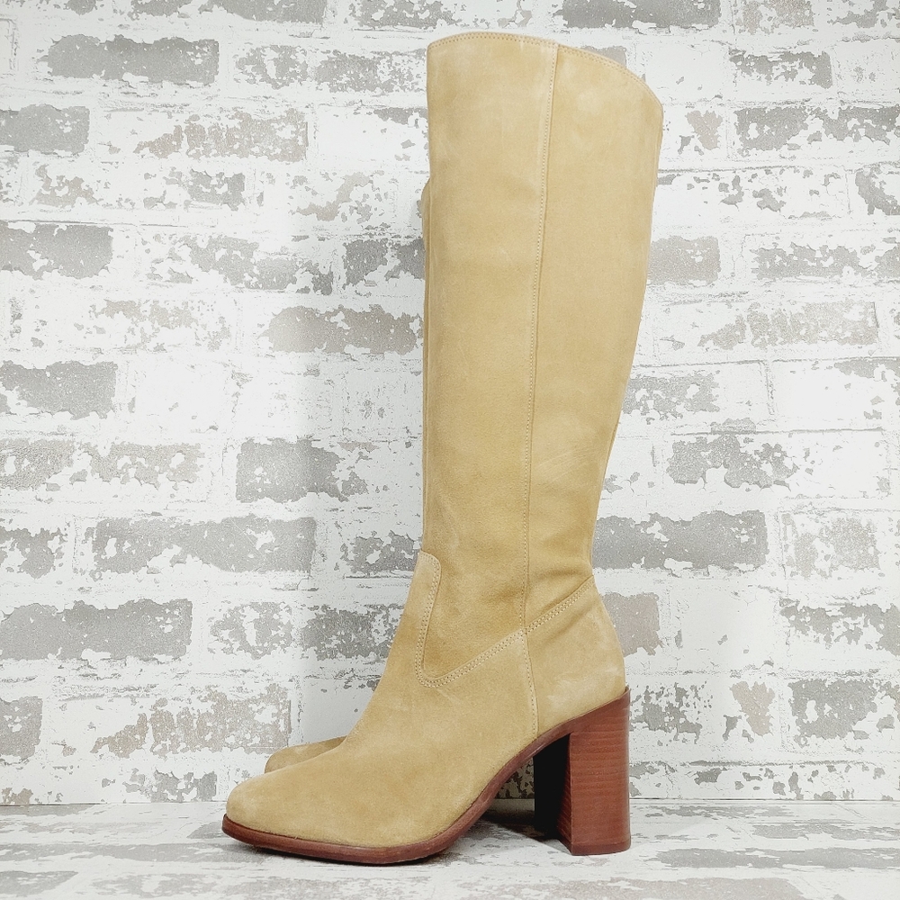NEW Vince Camuto Pearlanie Tan Suede Side Zip Block Heel Knee High Boots V455